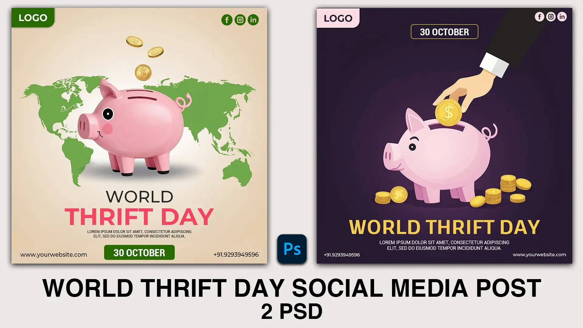 World Thrift Day Social Media Post with Piggy Bank and Global Savings image